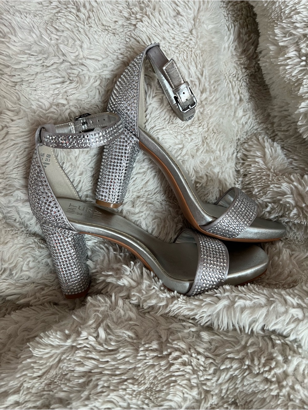 Silver Rhinestone Block Heel Sandals with Ankle Strap